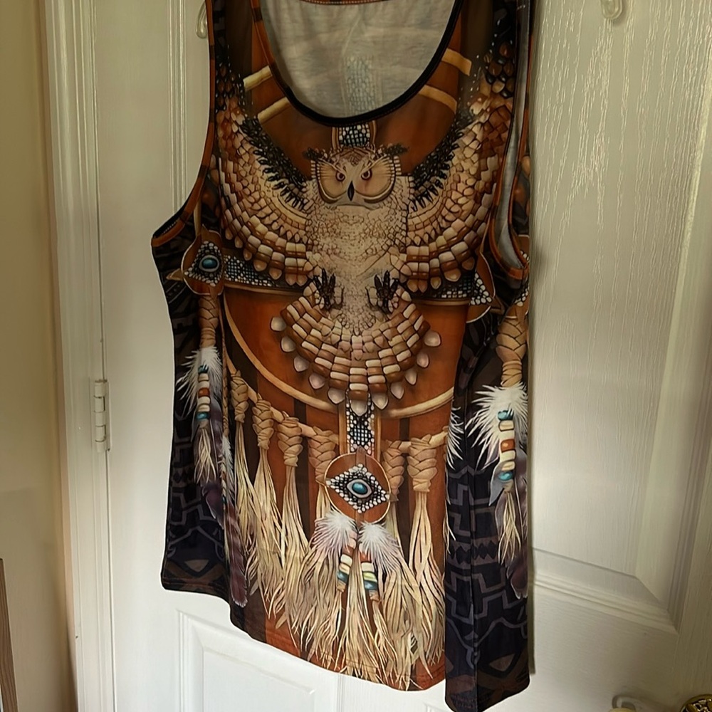 Unbranded owl, men’s sleeveless T-shirt, XL 44”chest 27” tail polyester, spandex